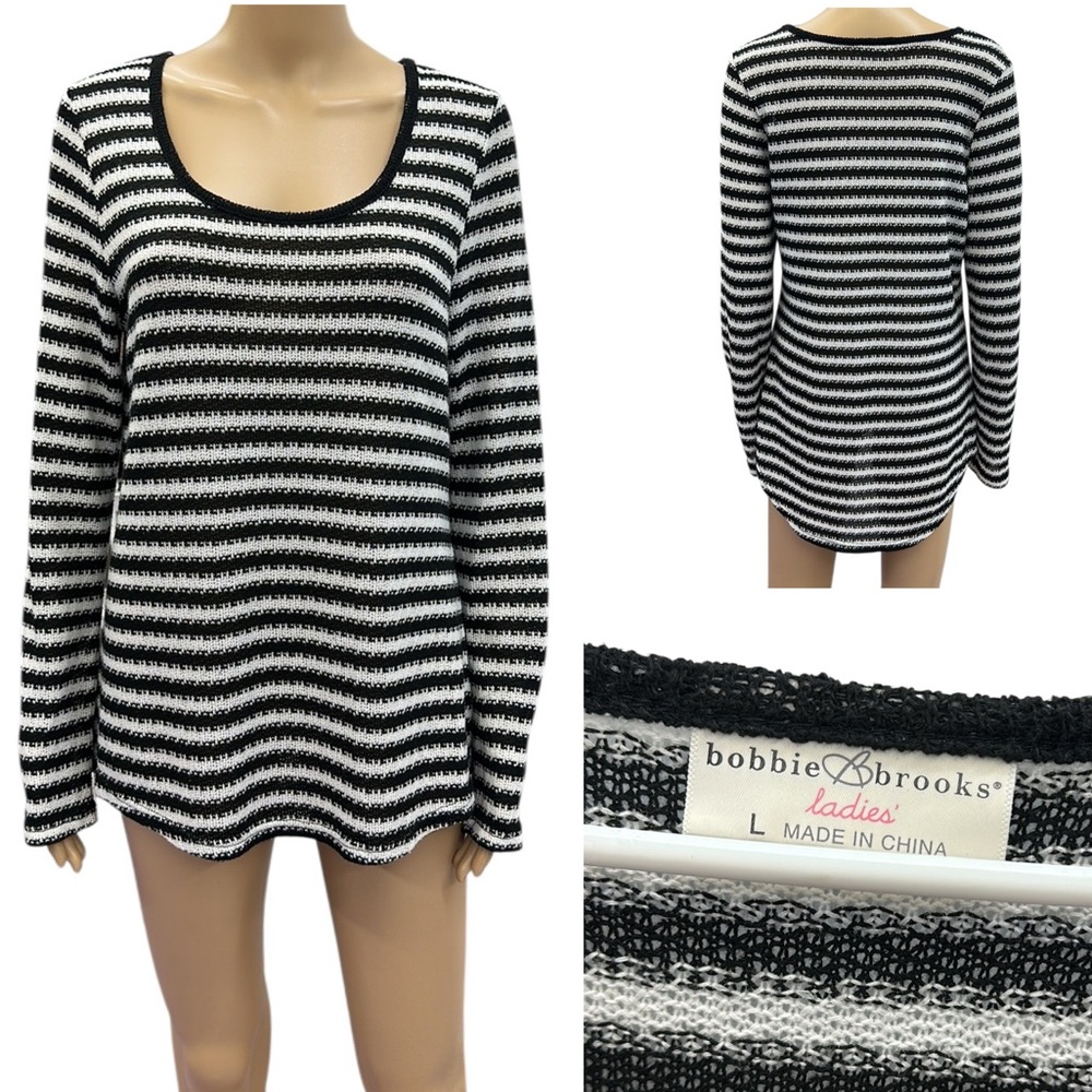 Bobbie Brooks Black White Cotton Blend Knit Scoop Neck Tunic Sweater Womens L